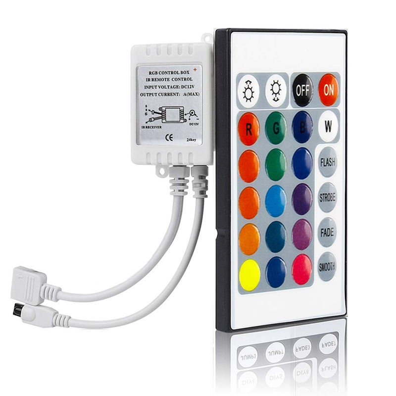 SUPERNIGHT RGB LED Strip Light Remote Controller, 24 Key IR Remote Dimmer for 12V 5050 3528 RGB LED Rope Lights (1 Port - Image 1